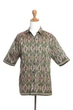 Men's hand-woven ikat cotton shirt, 'Green Summer' - Hand Woven Men's Short Sleeved Cotton Shirt