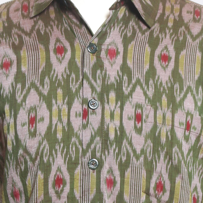 Men's hand-woven ikat cotton shirt, 'Green Summer' - Hand Woven Men's Short Sleeved Cotton Shirt