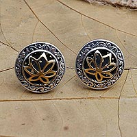 Gold-accented button earrings, 'No Longer Alone' - Gold-Accented and Sterling Silver Button Earrings