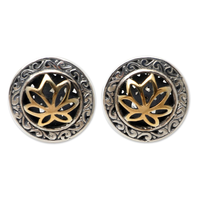 Gold-accented button earrings, 'No Longer Alone' - Gold-Accented and Sterling Silver Button Earrings