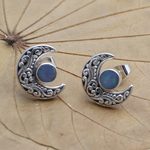 Opal button earrings, 'Blue Moon' - Opal and Sterling Silver Crescent Moon Button Earrings