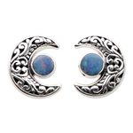 Opal button earrings, 'Blue Moon' - Opal and Sterling Silver Crescent Moon Button Earrings