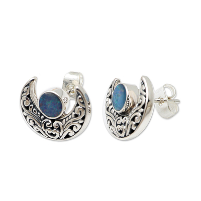 Opal button earrings, 'Embellished Moon' - Opal and Sterling Silver Crescent Moon Button Earrings