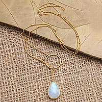 Gold-plated rainbow moonstone pendant necklace, 'Sky Blue Teardrop' - Gold-Plated Rainbow Moonstone Pendant Necklace