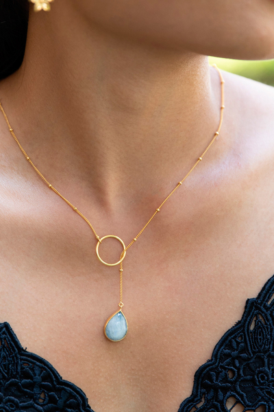 Gold-plated rainbow moonstone y-necklace, 'Sky Blue Teardrop' - Gold-Plated Rainbow Moonstone Pendant Necklace