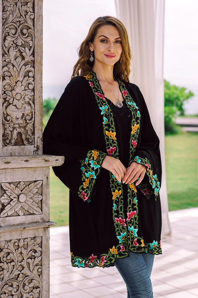 Embroidered cotton kimono jacket, 'Lily Blossom in Black' - Embroidered Black Cotton Kimono Jacket