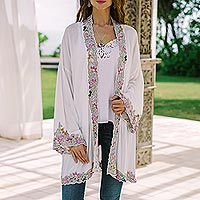 Embroidered Cotton Kimono Jacket from Bali,'Lily Blossom in White'