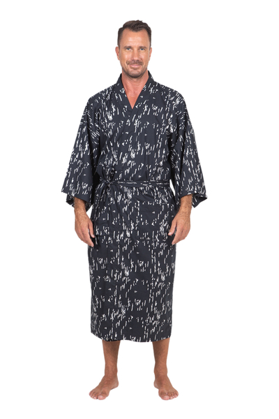 Men's hand-stamped cotton robe, 'Dark Clouds' - Men's Hand-Stamped Belted Cotton Robe from Bali