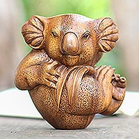 Wood statuette, 'Hungry Koala' - Hand Carved Suar Wood Koala Statuette