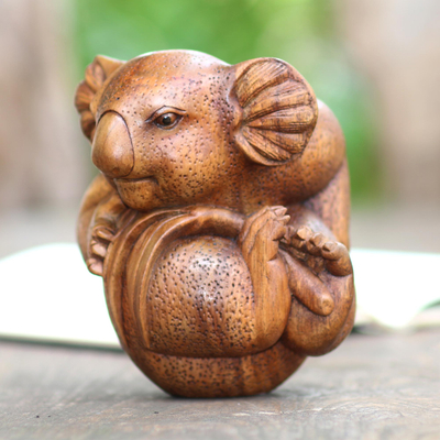 Wood statuette, 'Hungry Koala' - Hand Carved Suar Wood Koala Statuette