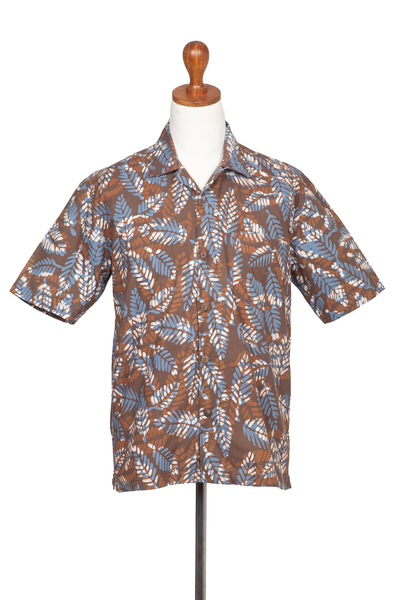 Camisa de algodón para hombre - Camisa Batik De Hombre De Algodón Marrón Balinesa Con Mangas Cortas