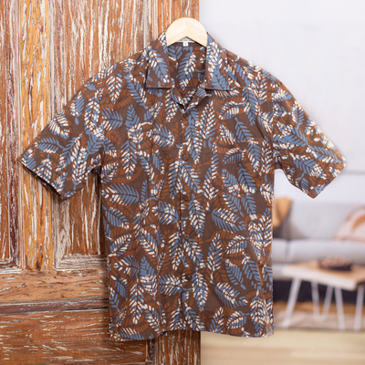 Men's Short-Sleeved Brown Cotton Batik Shirt from Bali - Brown Leaf Shadows