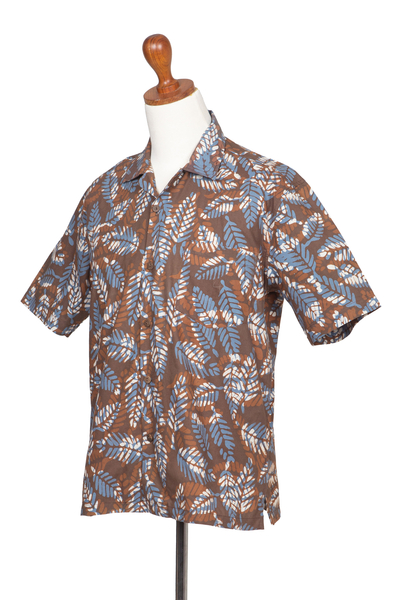 Men's cotton shirt, 'Summer Season' - Men's Balinese Brown Cotton Batik Shirt with Short Sleeves