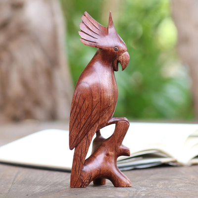 Wood statuette, 'Crested Cockatoo' - Hand Carved Suar Wood Cockatoo Statuette