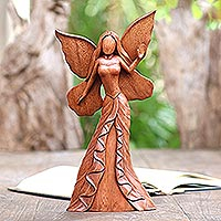 Wood statuette, 'Butterfly Queen' - Hand Carved Suar Wood Fairy Statuette