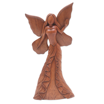 Wood statuette, 'Butterfly Queen' - Hand Carved Suar Wood Fairy Statuette