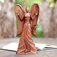Hand Carved Suar Wood Angel Statuette,'Angel in Heaven'