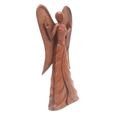 Wood statuette, 'Angel in Heaven' - Hand Carved Suar Wood Angel Statuette