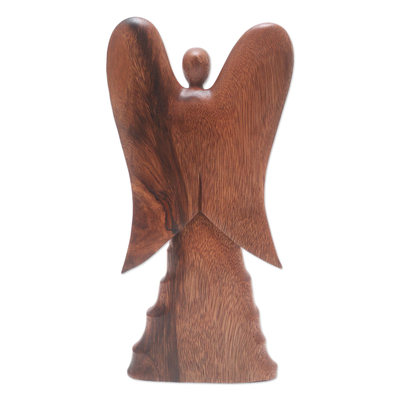 Wood statuette, 'Angel in Heaven' - Hand Carved Suar Wood Angel Statuette