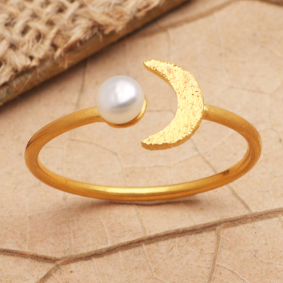 Gold-plated cultured pearl cocktail ring, 'By the Moon in Gold' - Gold-Plated Mabe Pearl Cocktail Ring