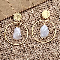 Gold-plated cultured pearl dangle earrings, 'Charmed Sea in Gold' - Gold-Plated Cultured Pearl Dangle Earrings