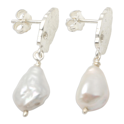 Cultured pearl and cubic zirconia dangle earrings, 'Seaside Style in Silver' - Cultured Pearl and Cubic Zirconia Dangle Earrings