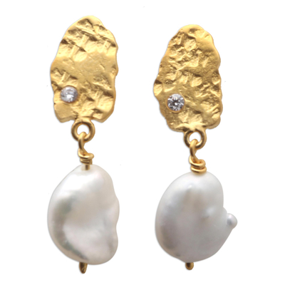 Gold plated cultured pearl and cubic zirconia dangle earrings, 'Seaside Style in Gold' - Gold-Plated Cultured Pearl Dangle Earrings