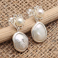 Cultured pearl dangle earrings, 'Ocean Beauty in Silver' - Sterling Silver and Cultured Pearl Dangle Earrings