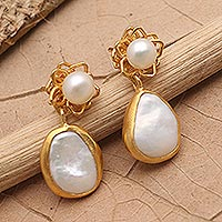 Gold-plated cultured pearl dangle earrings, 'Ocean Beauty in Gold' - Gold-Plated Cultured Pearl Dangle Earrings