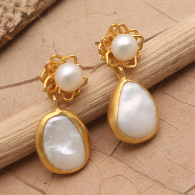 Gold-plated cultured pearl dangle earrings, Ocean Beauty in Gold