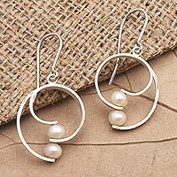 Cultured pearl dangle earrings, 'Beach Style' - Sterling Silver and Cultured Pearl Earrings from Bali