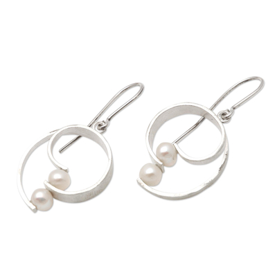 Cultured pearl dangle earrings, 'Beach Style' - Sterling Silver and Cultured Pearl Earrings from Bali