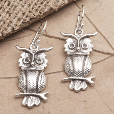 Sterling Silver Owl-Motif Dangle Earrings - Feathery Friends | NOVICA