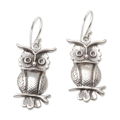 Sterling silver dangle earrings, 'Feathery Friends' - Sterling Silver Owl-Motif Dangle Earrings