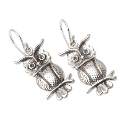 Sterling silver dangle earrings, 'Feathery Friends' - Sterling Silver Owl-Motif Dangle Earrings
