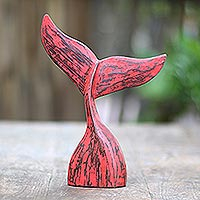 Wood statuette, 'Whale Tale in Red' - Red Albesia Wood Whale Tale Statuette
