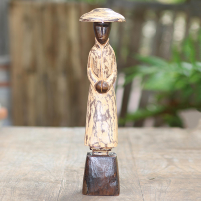 Wood statuette, 'Coldness' - Hand Carved Albesia Wood Figure Statuette