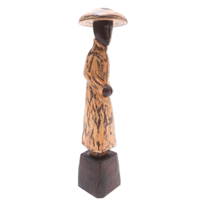 Wood statuette, 'Coldness' - Hand Carved Albesia Wood Figure Statuette