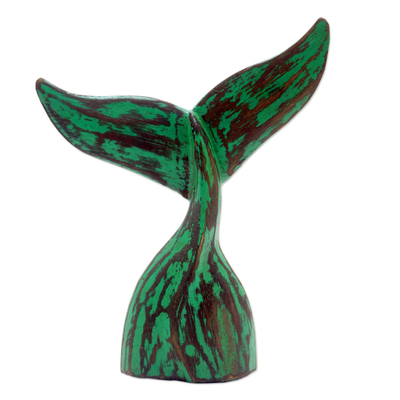 Wood statuette, 'Whale Tale in Green' - Green Albesia Wood Whale Tale Statuette