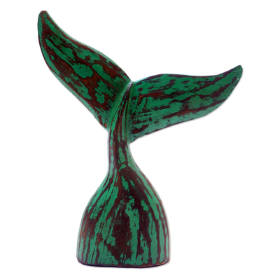 Wood statuette, 'Whale Tale in Green' - Green Albesia Wood Whale Tale Statuette