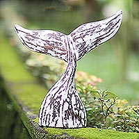 Wood statuette, 'Whale Tale in White' - White Albesia Wood Whale Tale Statuette