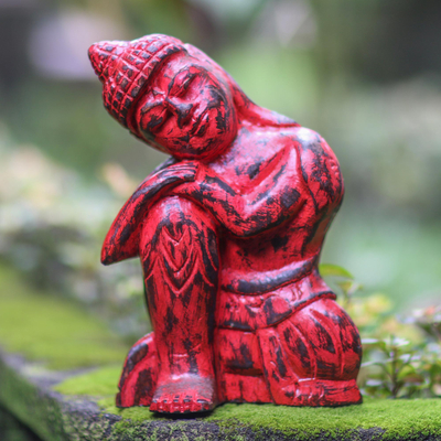 Wood statuette, 'Buddha Resting' - Hand Crafted Albesia Wood Buddha Statuette