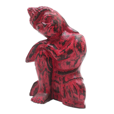 Wood statuette, 'Buddha Resting' - Hand Crafted Albesia Wood Buddha Statuette