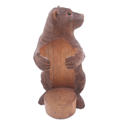 Wood wine bottle holder, 'Polar Bear Hug' - Handmade Suar Wood Polar Bear Wine Holder