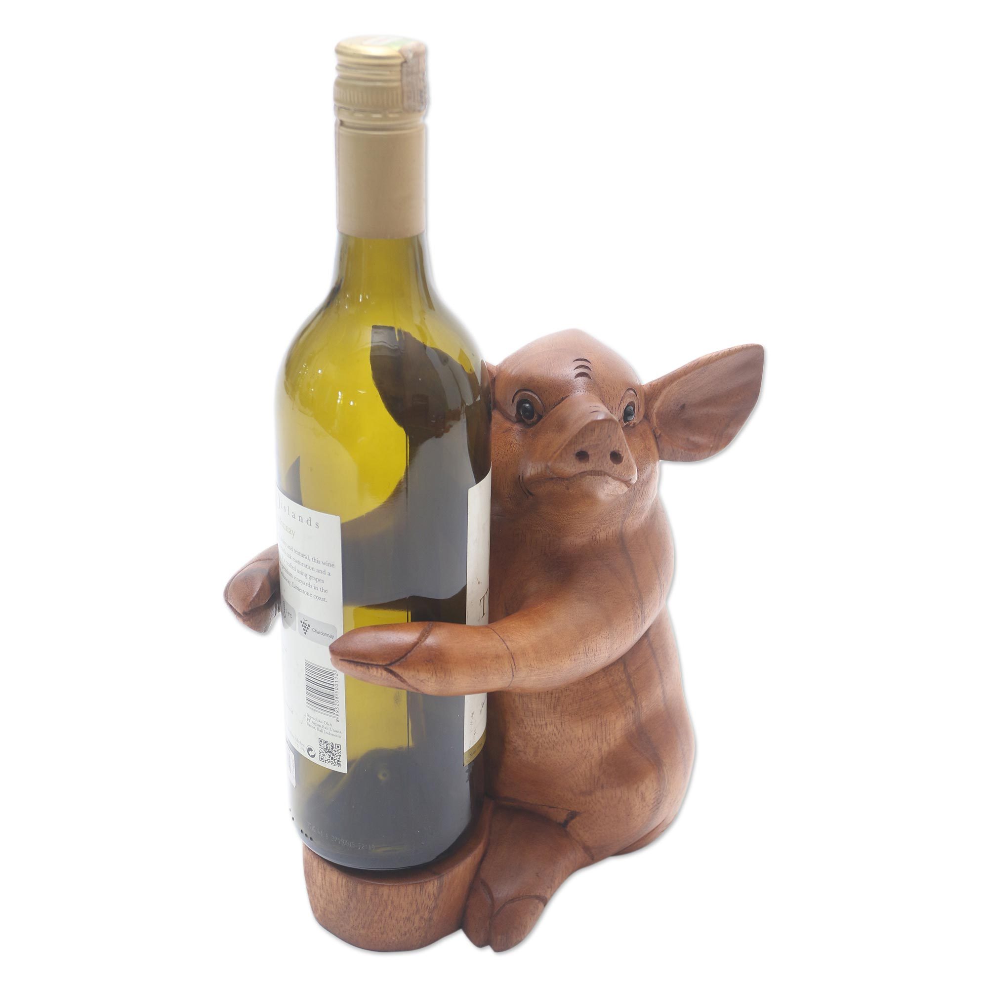 Hand Made Suar Wood Pig Wine Holder Baby Pig Hug NOVICA