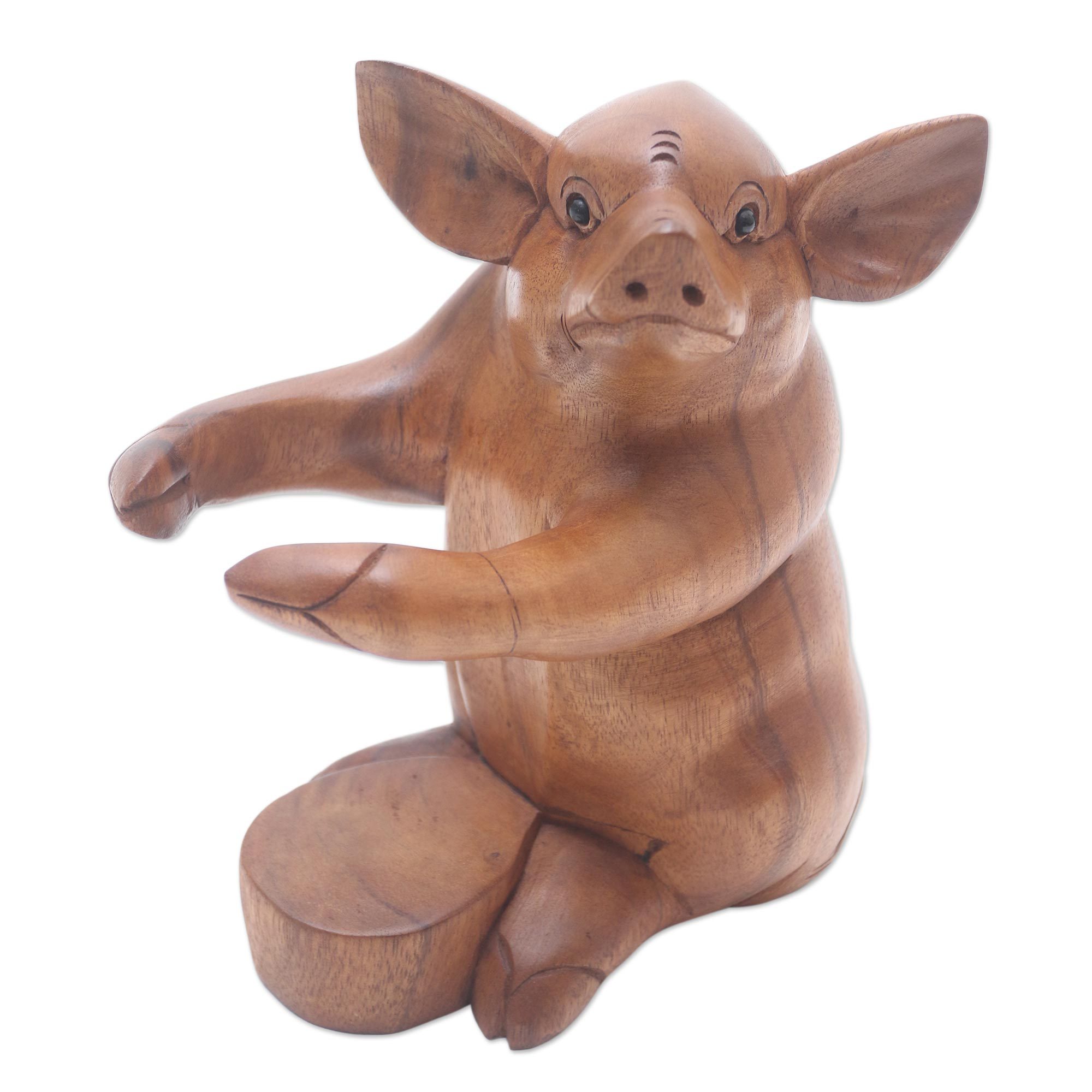 Hand Made Suar Wood Pig Wine Holder Baby Pig Hug NOVICA