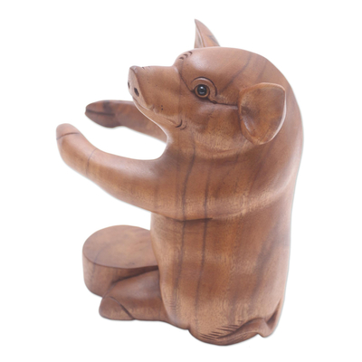Wood wine bottle holder, 'Baby Pig Hug' - Hand Made Suar Wood Pig Wine Holder