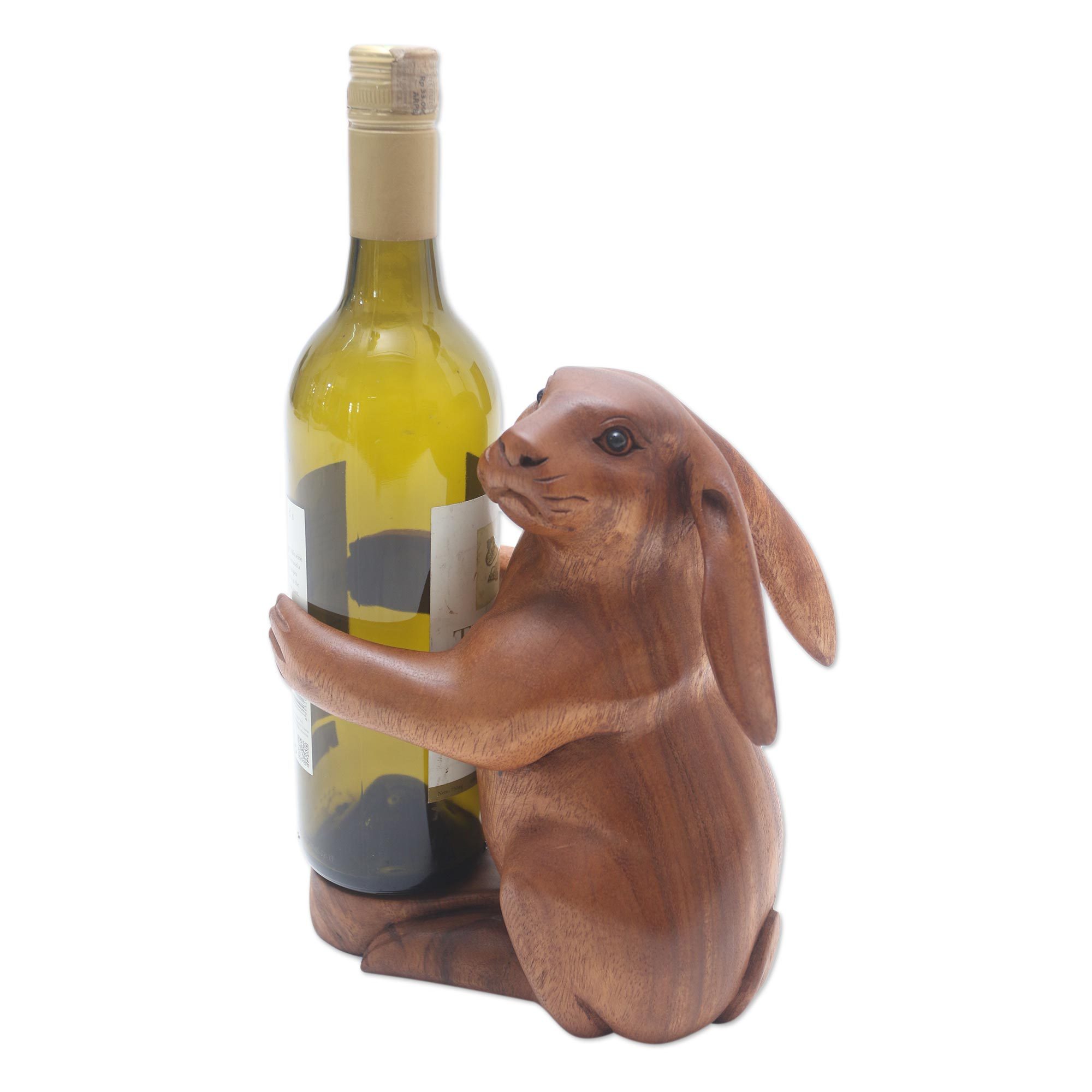 Hand Crafted Suar Wood Rabbit Wine Holder Bunny Hug NOVICA