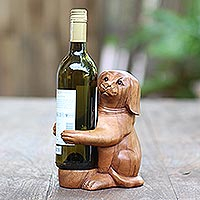Wood wine bottle holder, 'Puppy Hug'