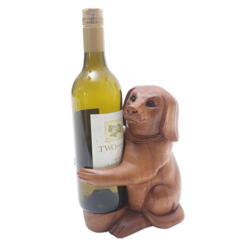 Handcrafted Suar Wood Dog Wine Holder Puppy Hug NOVICA